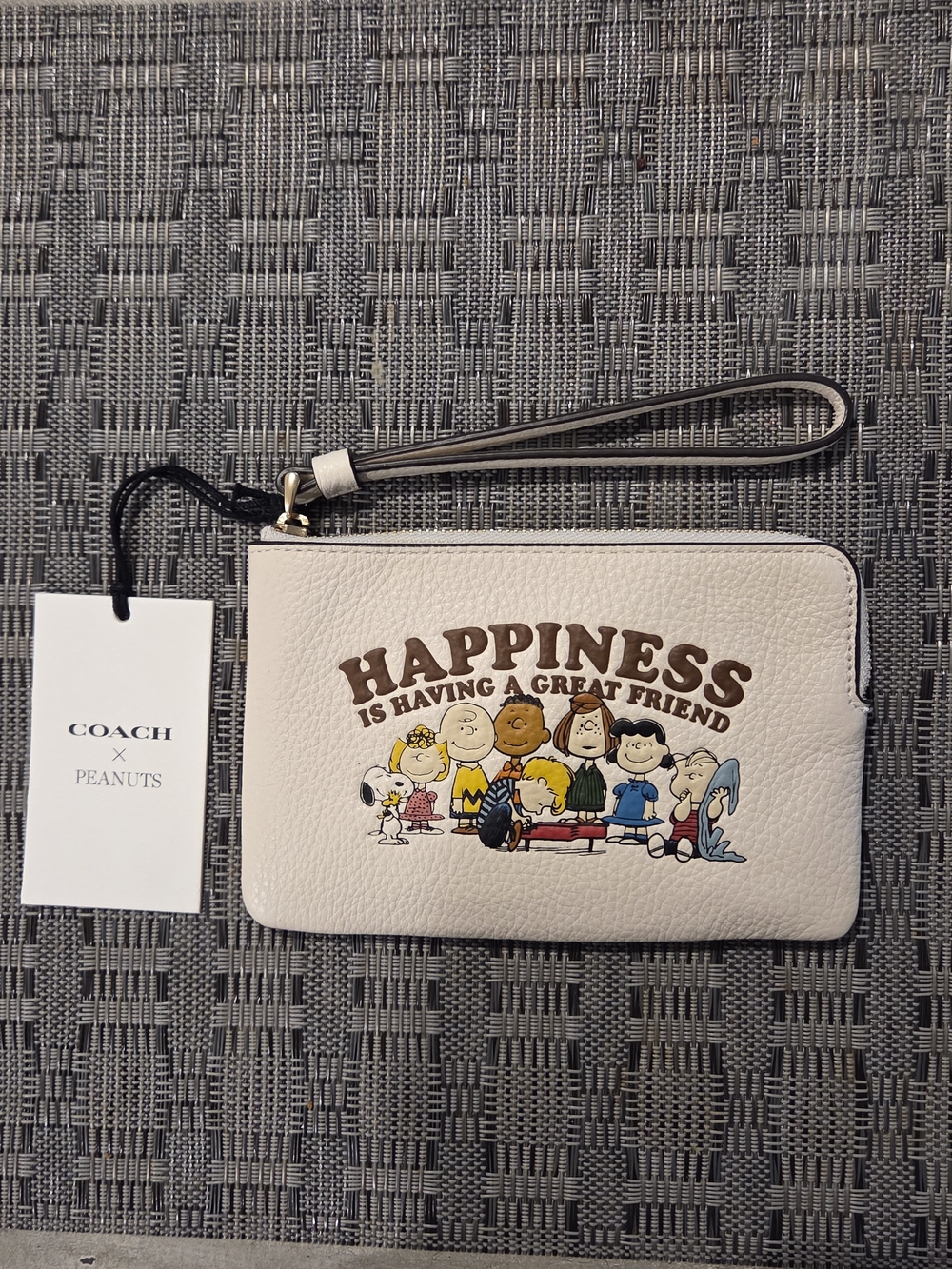 Coach x Peanuts Beige Leather Wristlet - "Happiness" Graphic